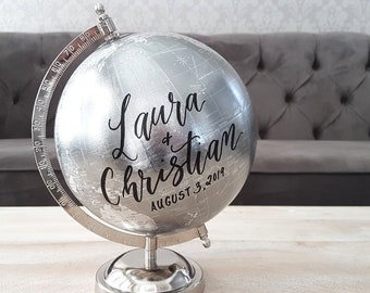 Personalized Silver Wedding Globe: Calligraphy Guestbook Alternative