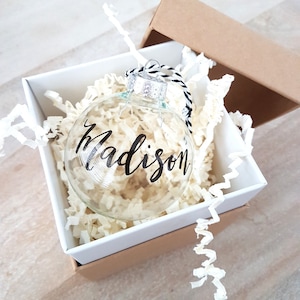 Christmas Ornament Personalized, Clear glass name bauble with Hand Lettered Calligraphy - One (2.5 inch, glass or plastic ornament, ball)