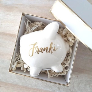 Personalized Piggy Bank Gift for kids, Custom Ceramic piggy bank with calligraphy hand lettered, Baby shower gift, girl or boy - One