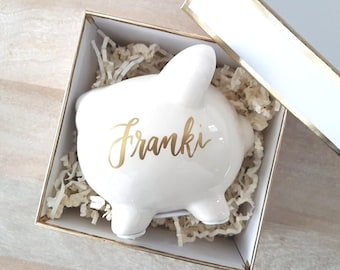 Personalized Piggy Bank Gift for kids, Custom Ceramic piggy bank with calligraphy hand lettered, Baby shower gift, girl or boy - One