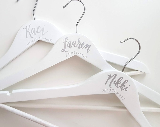 White Bridesmaid Hanger personalized with Calligraphy, White wood hanger for Wedding Dress, One