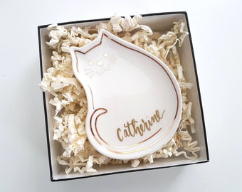Personalized Cat Ring Dish: Gold Ceramic Trinket Plate, Cat Lover Gift