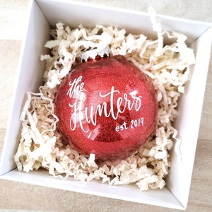 Newlywed Ornament Christmas gift with calligraphy, Personalized established ornament, Red glitter plastic ball bauble, 4&quot; Diameter