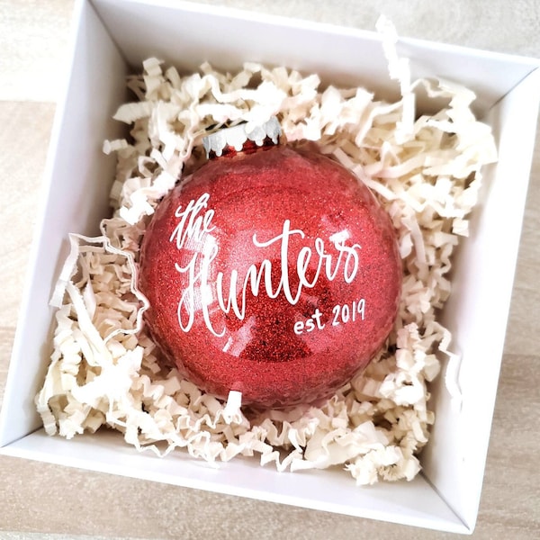 Newlywed Ornament Christmas gift with calligraphy, Personalized established ornament, Red glitter plastic ball bauble, 4" Diameter