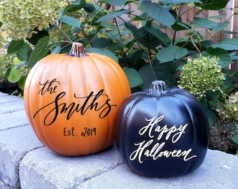 Personalized Pumpkin Decor, Custom Calligraphy Pumpkin, Black Orange Pumpkin, Established pumpkin,  Fall Decor, Halloween Pumpkin  - One