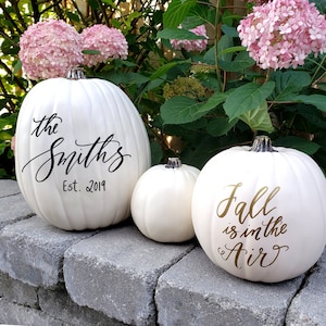 Personalized Pumpkin Decor, Custom Calligraphy Pumpkin, White Pumpkin, Established pumpkin,  Thanksgiving Fall Decor, Hand Lettered - One
