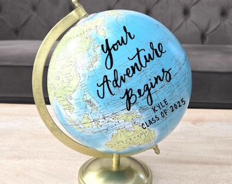 Personalized Blue Graduation World Globe: Calligraphy Quote, Class of 2026