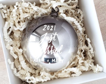 Silver Ombre Just Married Christmas Ornament Decor, Personalized Ornament Gift, Newlywed Ornament Gift, name  - One (Glass ornament)