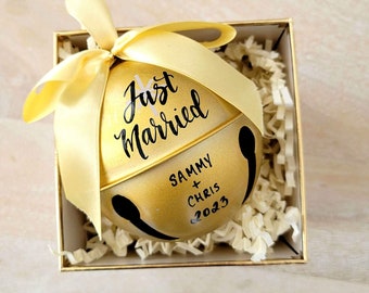 Wedding Bells Just Married Christmas Ornament Personalized Gift, Gold Bell Hand Lettered Newlywed Bauble