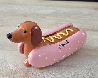 Personalized Hot Dog Piggy Bank: Hand-Lettered Dachshund Gift