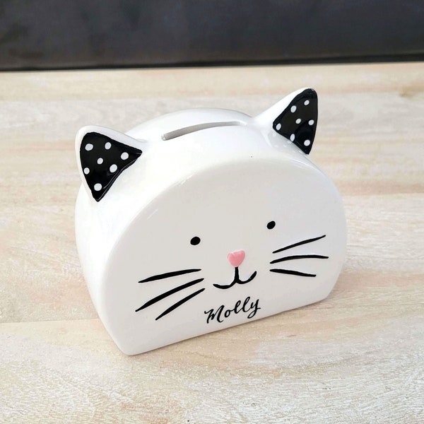 Personalized Cat Piggy Bank Gift for kids, Custom Ceramic Kitten Money Bank with calligraphy hand lettered, Baby shower gift, Cat Lover Gift