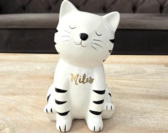 Personalized Striped Cat Piggy Bank: Ceramic Nursery Decor