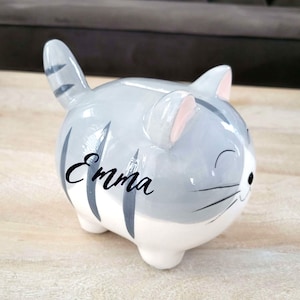 Personalized Cat Piggy Bank Gift for kids, Custom Ceramic Grey Kitten Money Bank with calligraphy, Baby shower gift, Cat Lover Gift