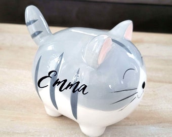 Personalized Ceramic Cat Piggy Bank: Grey Kitten Gift
