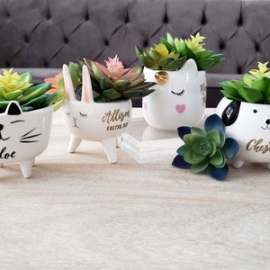 Personalized Ceramic Animal Planter Pot for Succulent, Herb Planter Gift for Mom, Cat Planter legs, Bunny Planter, Dog Planter, Unicorn