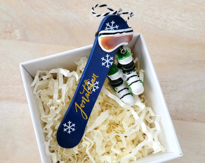 Personalized Blue Snowboard Christmas Ornament: Hand-Lettered Gift
