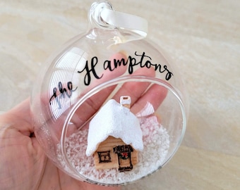 Family Christmas Ornament Personalized Gift, Custom Newlywed House Ornament, Calligraphy Glass Ornament- One (Dome Bauble)