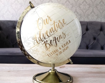 10" Guest Book Alternative Globe, Our Adventure Begins World Globe,  Custom Calligraphy Wedding Signing Guestbook Globe in Gold, 10 inch