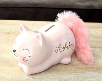 Personalized Pink Cat Piggy Bank: Ceramic Kitty Money Bank with Fur Tail