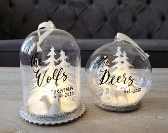 Light Up Tree Ornament Personalized, Winter Wonderland Christmas Ornament gift with calligraphy, Deer Wolf Woodland Ornament, White Glass