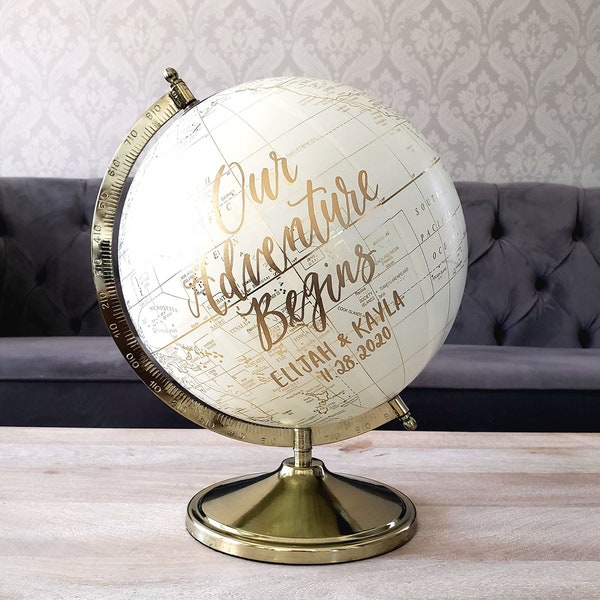 10" Guest Book Alternative Globe, Our Adventure Begins World Globe,  Custom Calligraphy Wedding Signing Guestbook Globe in Gold, 10 inch