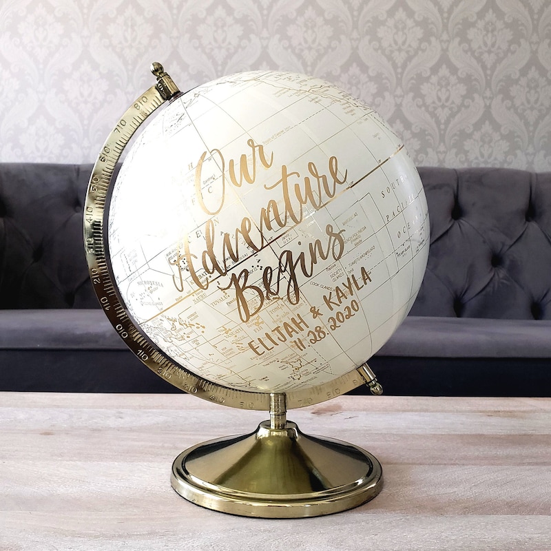 10&quot; Guest Book Alternative Globe, Our Adventure Begins World Globe,  Custom Calligraphy Wedding Signing Guestbook Globe in Gold, 10 inch