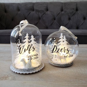 Light Up Tree Ornament Personalized, Winter Wonderland Christmas Ornament gift with calligraphy, Deer Wolf Woodland Ornament, White Glass
