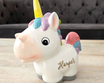 Personalized Unicorn Piggy Bank: Hand-Lettered Ceramic Coin Bank