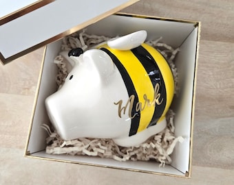 Personalized Bee Piggy Bank: Ceramic Coin Bank, Nursery Decor