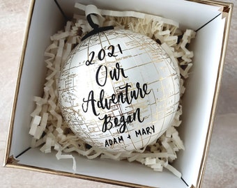 Our Adventure Began Newlywed Ornament Personalized Gift, Wedding Christmas Ornament 2024, World Globe Ornament, Bridal Shower Gift