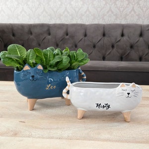 Personalized Cat Planter with Legs, Ceramic Kitty Pot, Cat Loss Memorial Gift with Name, Window Still Long Planter, Housewarming Gift