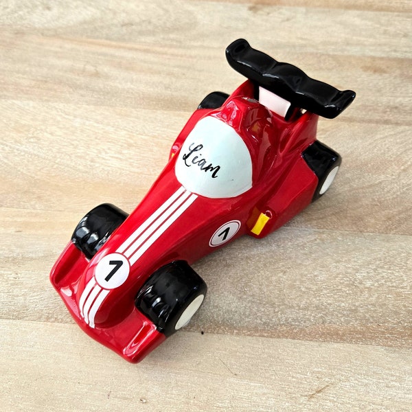 Personalized Race Car Piggy Bank, Red Racing Car Gift for Birthday Boy, Room Decor