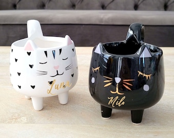 Succulent Cat Planter Gift, Personalized Ceramic Cat Pot with Legs and Handle, Hand Lettered Cat Lover Gift, Black or White Kitty with Name