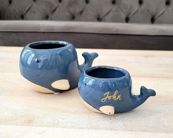 Succulent Whale Planter Gift, Personalized Ceramic Blue Whale Pot, Ocean or Nautical House Decor