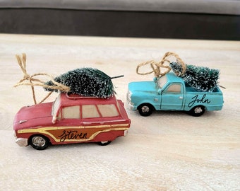 Personalized Car Christmas Ornament, Name on Red Station Wagon or Blue Pickup Truck, Car Ornament, Personalized Gift, Tree Ornament