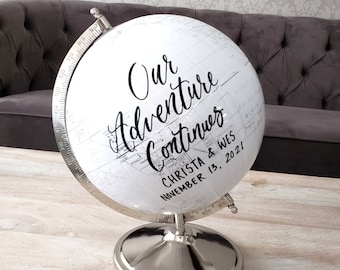 10" Wedding Guestbook Globe, Guest Book Alternative Globe, Custom Calligraphy Silver & White World Globe, Our Adventure Begins, 10 inch