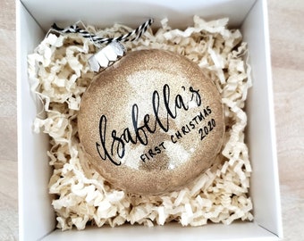 Baby's First Christmas Bauble Ornament Personalized, baby shower gift, custom calligraphy ornament - One (Gold glitter 4" ornament, Plastic)