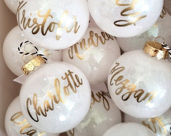 Personalized Name Christmas Ornament, White Glitter ornament with Calligraphy, Custom Hand Lettered Ornament - One (plastic, 3.15 inch)