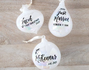 Personalized White Iridescent Christmas Ornament, Newlywed Ornament, Baby's First Christmas Ornament, Just Married Ornament, Glass