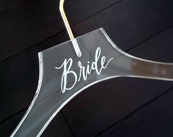 Acrylic Bride Hanger for Wedding Dress, Bridal Shower Gift for Bride to Be, Clear Lucite, Laser Engraved White lettering