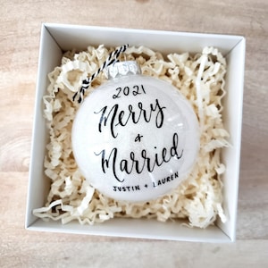 Merry and Married Ornament Personalized Newlywed Gift, Newlywed Christmas Ornament, Large White Glitter Ornament, Plastic Bauble - One 4&quot;