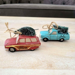 Personalized Car Christmas Ornament, Name on Red Station Wagon or Blue Pickup Truck, Car Ornament, Personalized Gift, Tree Ornament