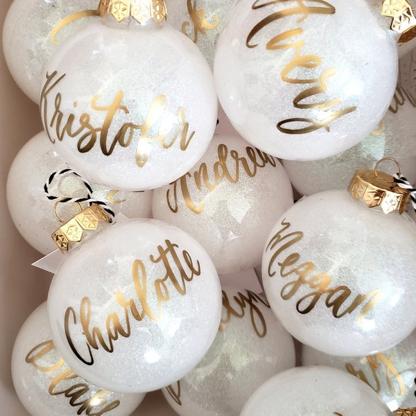 Personalized Name Christmas Ornament, White Glitter ornament with Calligraphy, Custom Hand Lettered Ornament - One (plastic, 3.15 inch)