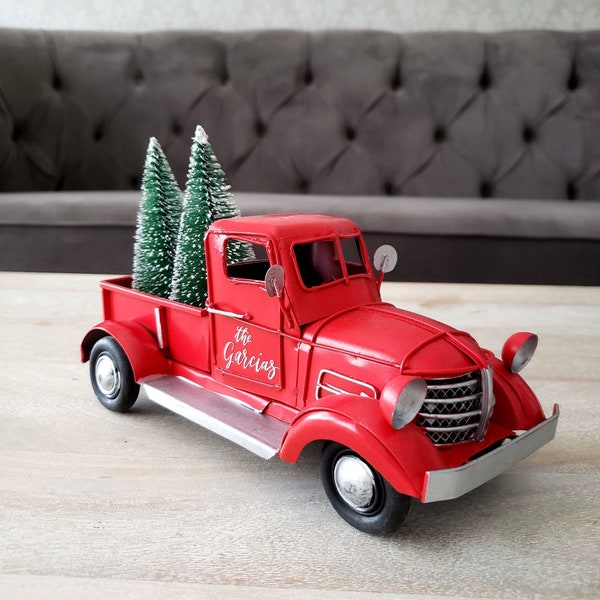 Red Truck Holiday Mantel Decor, Personalized Christmas Decor, Old Fashioned Truck Car, Established Gift, Custom Christmas Decor, Home Gifts