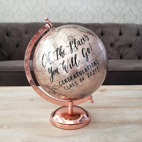 8" Graduation Globe Gift for Class of 2024, Rose Gold Guest Book Alternative, Custom Calligraphy Globe, Personalized World Globe for Wedding