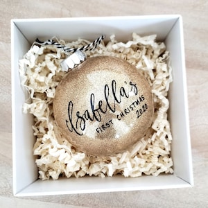 Baby's First Christmas Bauble Ornament Personalized, baby shower gift, custom calligraphy ornament - One (Gold glitter 4" ornament, Plastic)