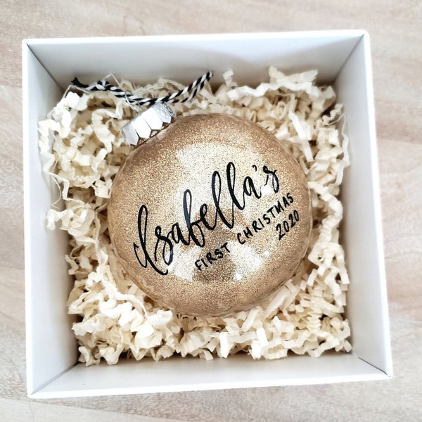Baby's First Christmas Bauble Ornament Personalized, baby shower gift, custom calligraphy ornament - One (Gold glitter 4" ornament, Plastic)