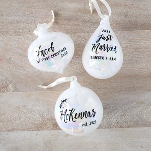 Personalized White Iridescent Christmas Ornament, Newlywed Ornament, Baby's First Christmas Ornament, Just Married Ornament, Glass