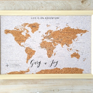 Personalized Push Pin World Map, Life is an Adventure Travel Cork Wall Sign, Vacation Tracker, Wedding Gift, 14"x21" Neutral Frame