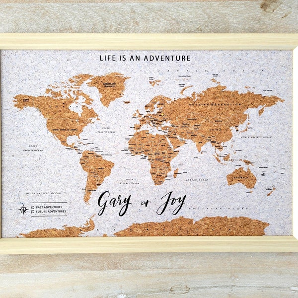 Personalized Push Pin World Map, Life is an Adventure Travel Cork Wall Sign, Vacation Tracker, Wedding Gift, 14"x21" Neutral Frame